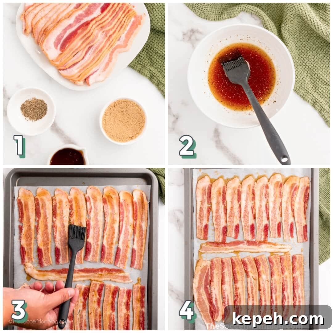 How to Make Crispy Sweet Candied Bacon at Home 4 4 step photo collage showing how to make candied bacon