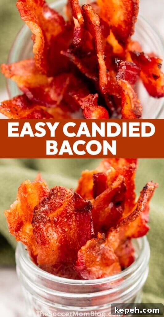 How to Make Crispy Sweet Candied Bacon at Home 7 2 photo vertical Pinterest collage showing candied bacon; text overlay "Easy Candied Bacon"
