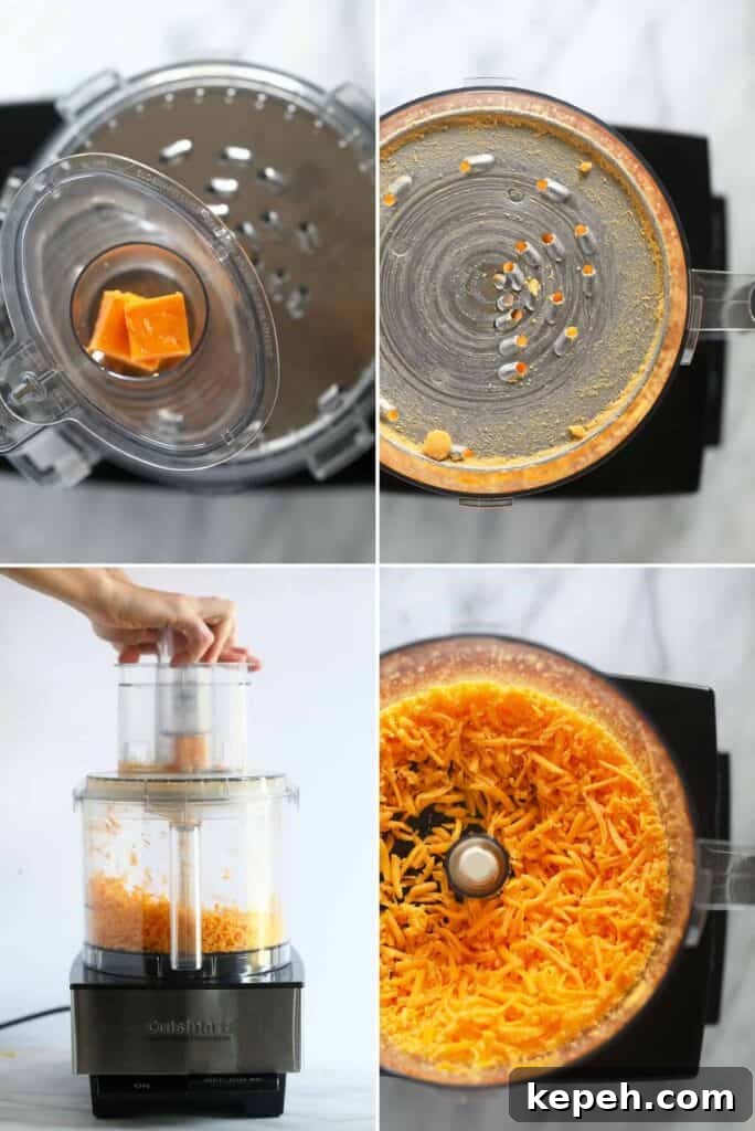 Placing cheddar cheese into to a food processor to grate cheese.