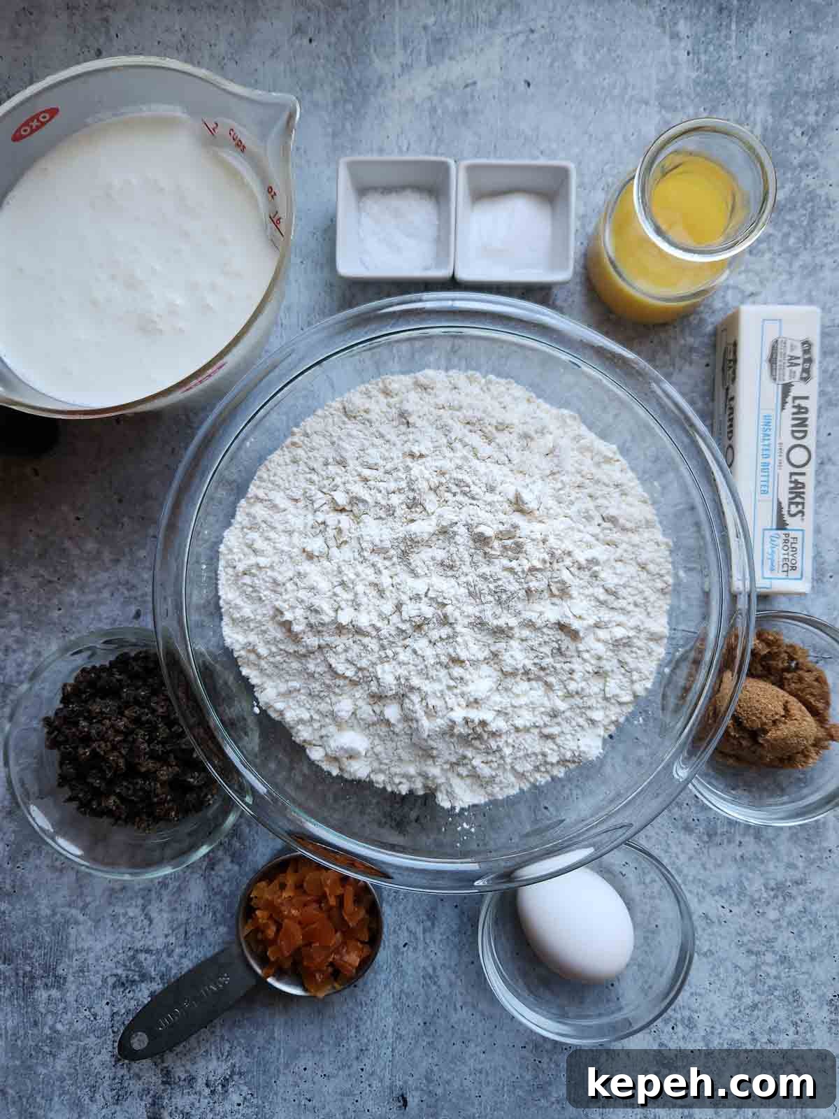 Overhead view of the ingredients for Irish soda bread.