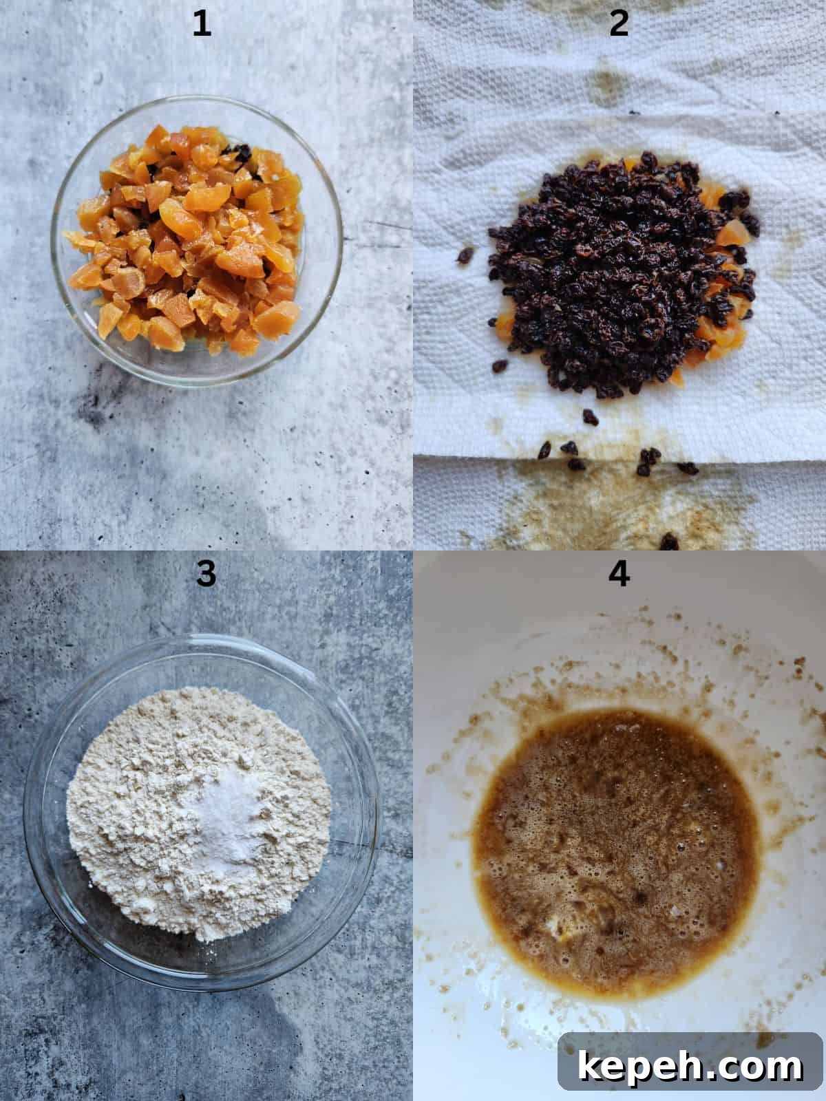Collage of 4 pictures showing preparation steps for preparing Irish soda bread batter.