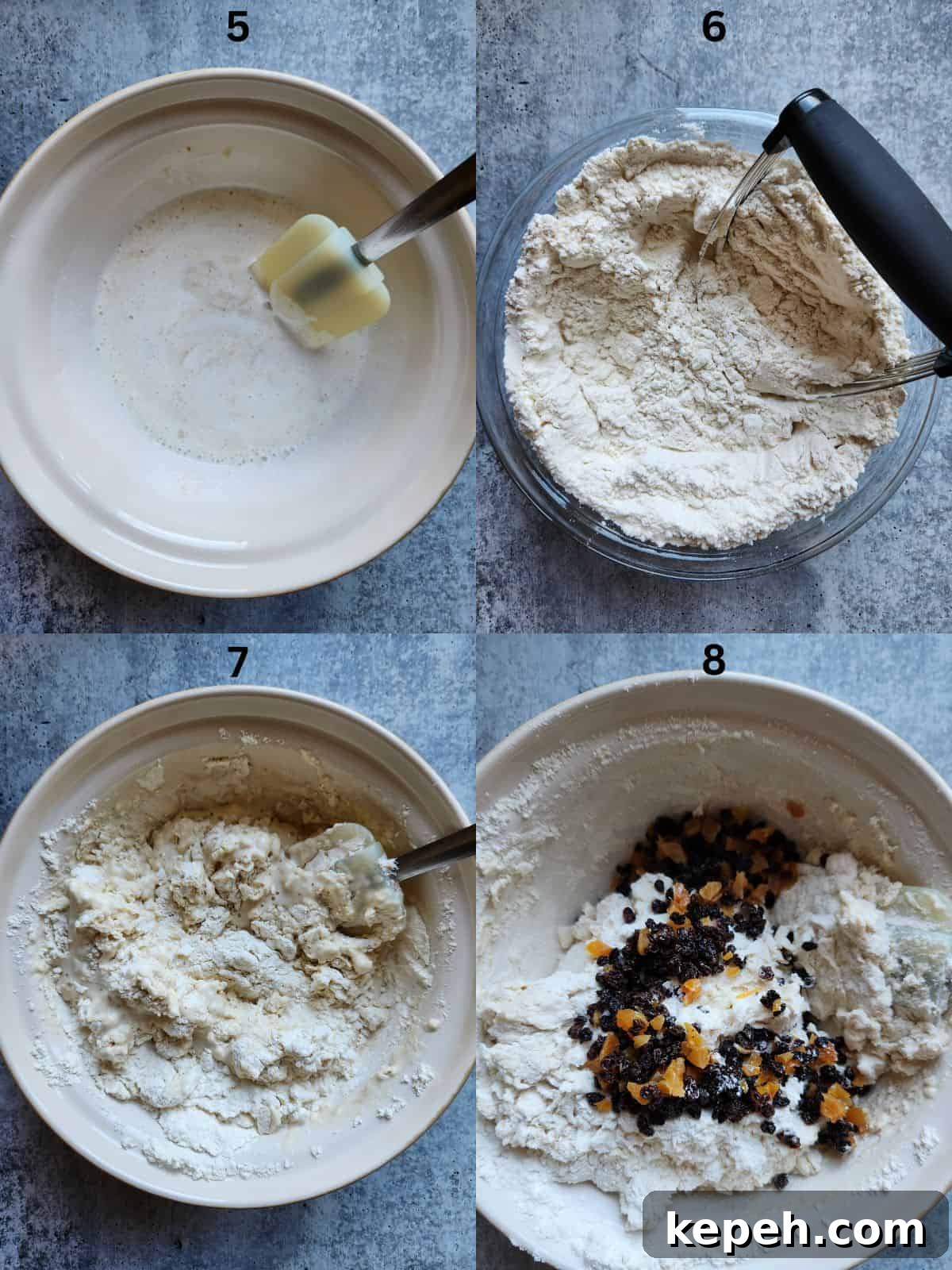 Collage of 4 pictures showing preparation steps for preparing Irish soda bread batter.