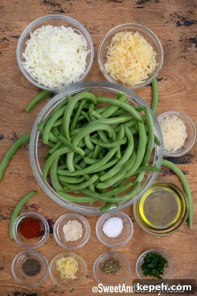 Cheesy Baked Green Beans Casserole with Garlic and Parmesan 3 cheesy baked green beans ingredients in bowls on a table