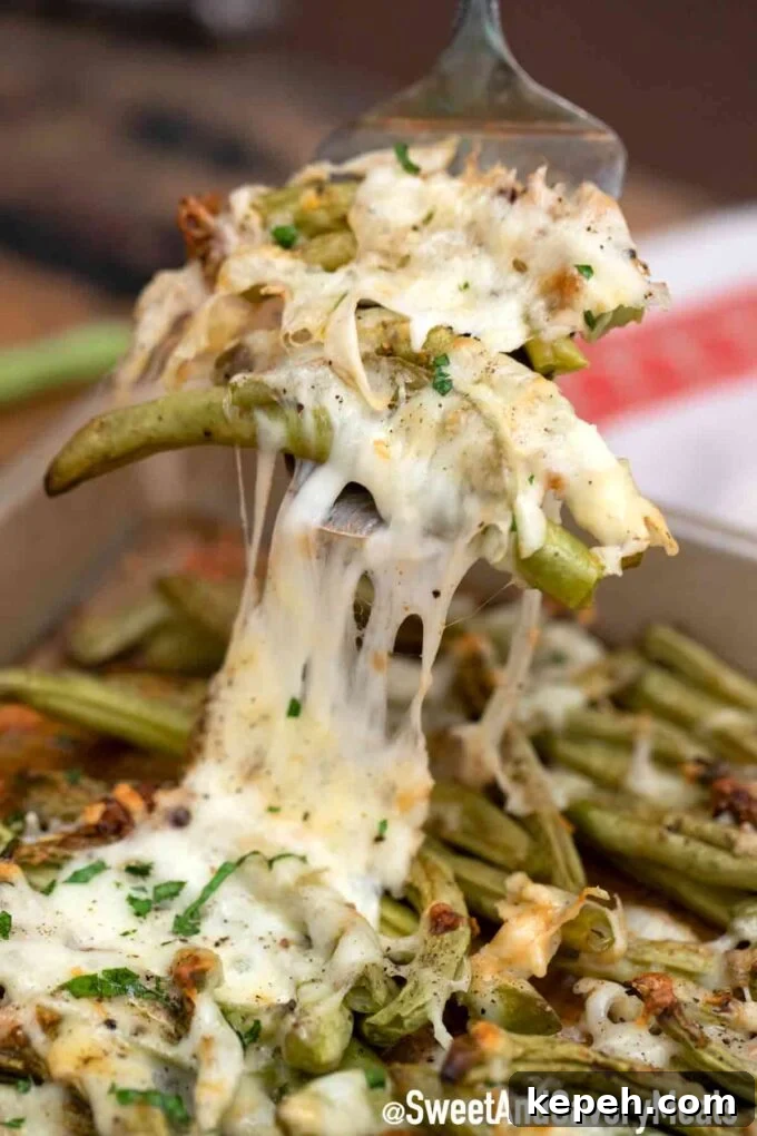 Cheesy Baked Green Beans Casserole with Garlic and Parmesan 6 baked green beans with lots of melted cheese