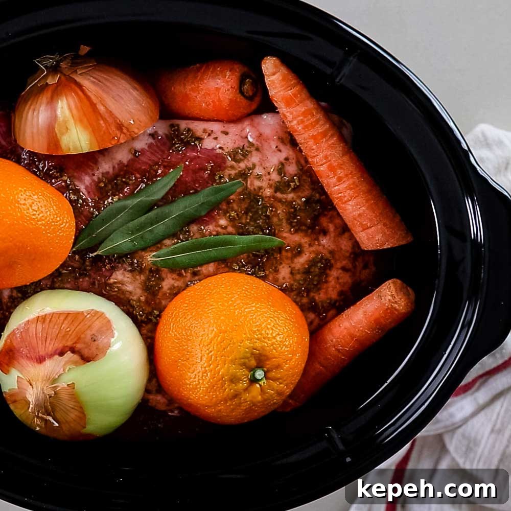 pork, seasonings orange and onion in slow cooker