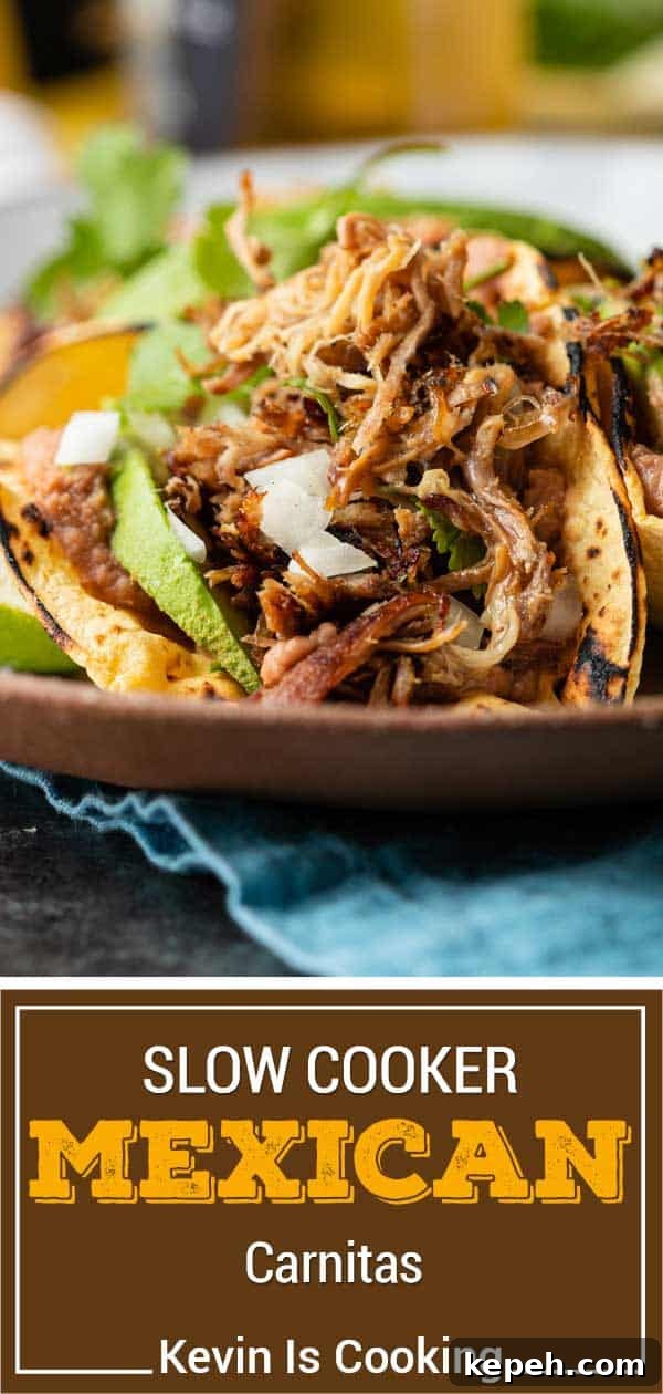 slow cooker carnitas in a taco with toppings