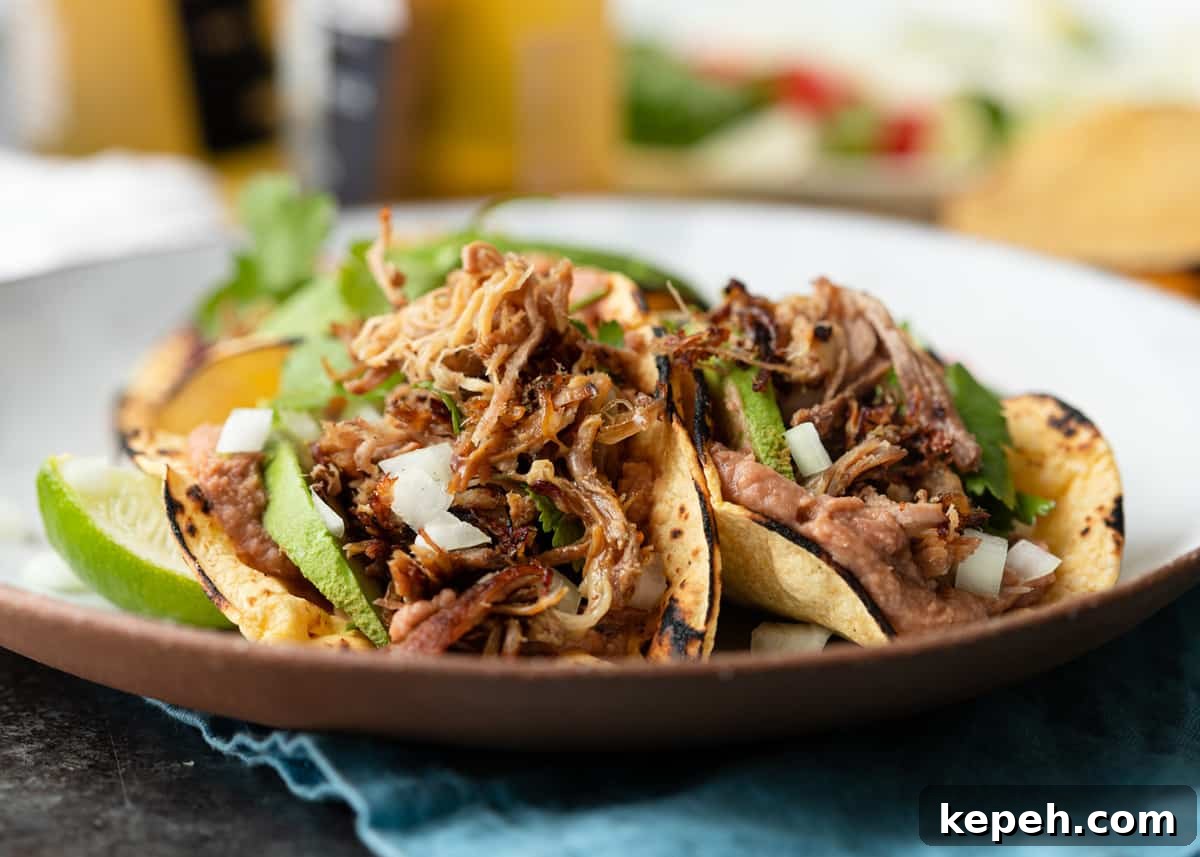 Homemade Carnitas tacos on plate