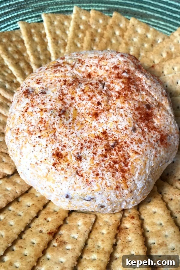 Spicy Chili Cheese Ball Recipe for Parties 2 Cheese Ball with chili powder appetizer covered in smoked paprika and surround by club crackers in a circle