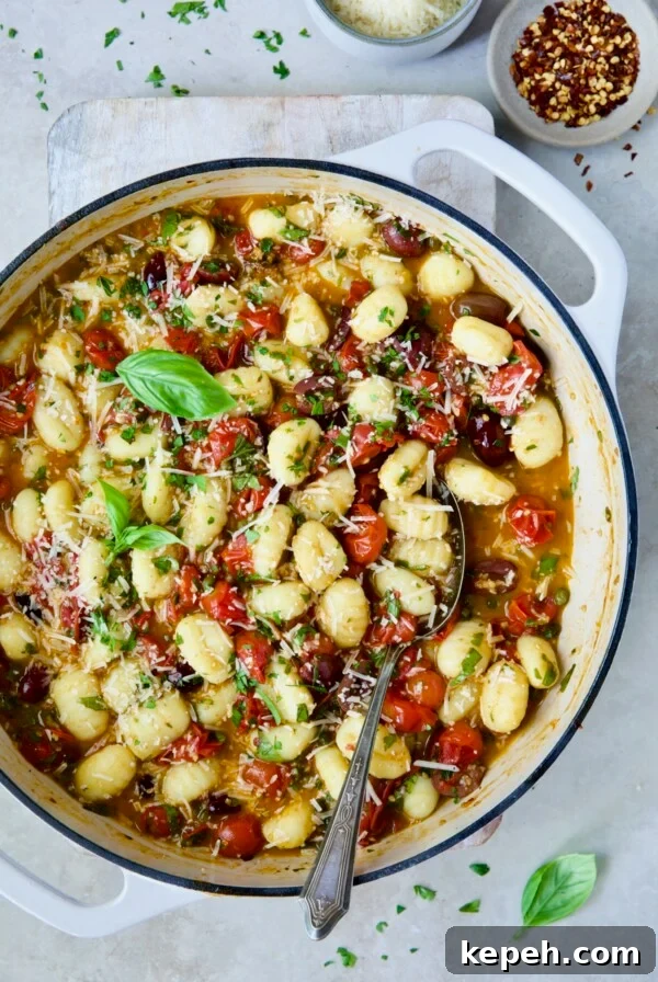 Gnocchi in Cherry Tomato Puttanesca Sauce 12 Gnocchi with Cherry Tomato Puttanesca Sauce garnished with fresh parsley, basil and Parmesan cheese.