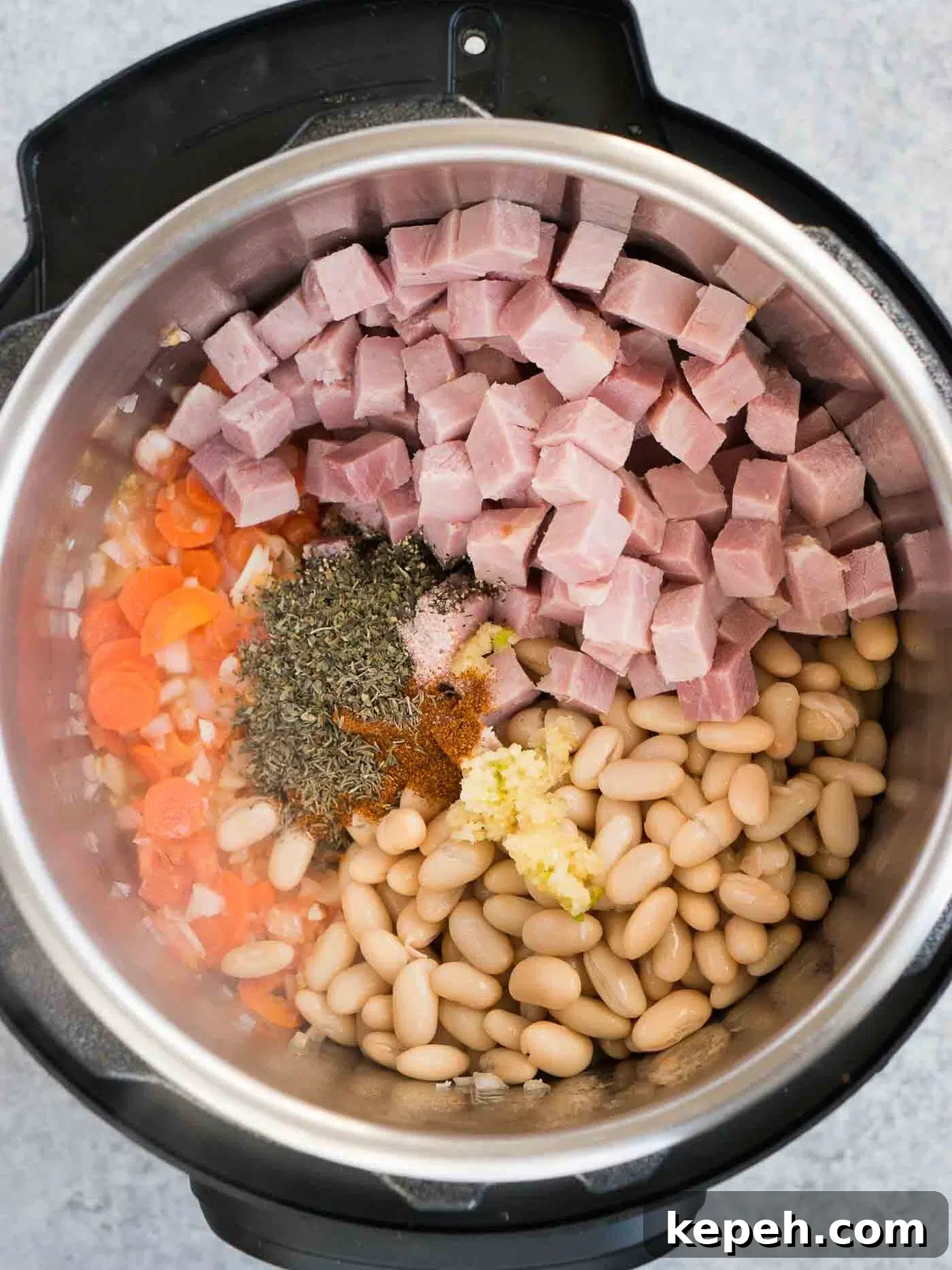 Instant Pot Ham and White Bean Soup Recipe 6 add ham beans and spices to instant pot