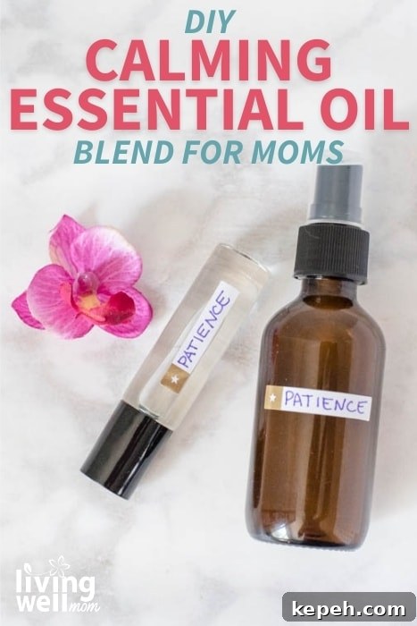 Renewed Patience: DIY Calming Essential Oil Blend for Moms 2 brown spray bottle and roller bottle with a purple orchid