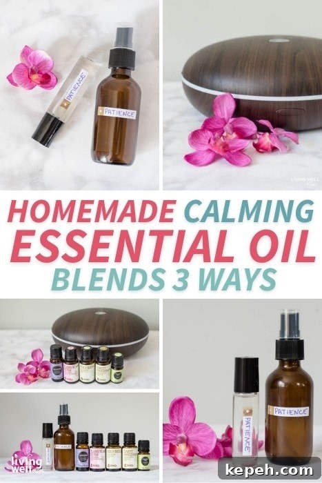 Renewed Patience: DIY Calming Essential Oil Blend for Moms 10 collage of essential oils, diffuser, and bottles
