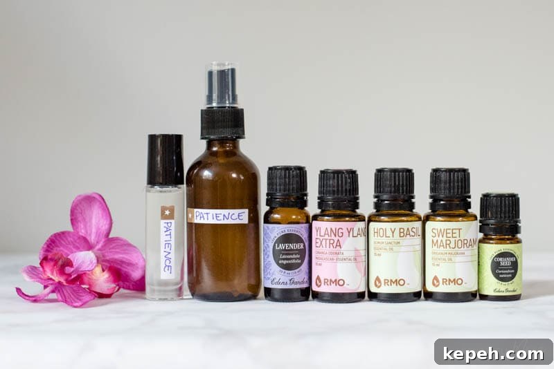 Renewed Patience: DIY Calming Essential Oil Blend for Moms 5 Lavender, ylang ylang, holy basil, sweet marjoram, and coriander seed essential oils to make DIY blend for moms.