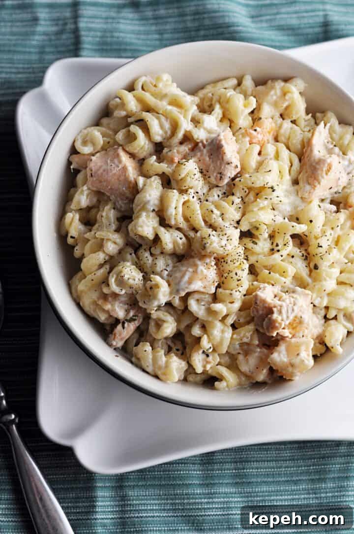 Creamy Salmon and Shrimp Pasta Recipe for Weeknight Dinner 4 Salmon with pasta and shrimp in bowl overhead