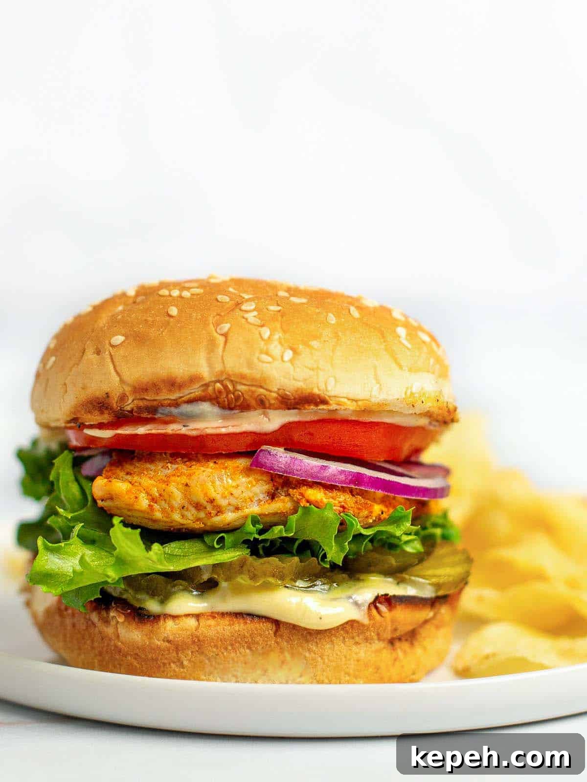 Close up shot of a grilled chicken sandwich stacked with lettuce, tomato, onion, pickles, and honey mustard dressing. 