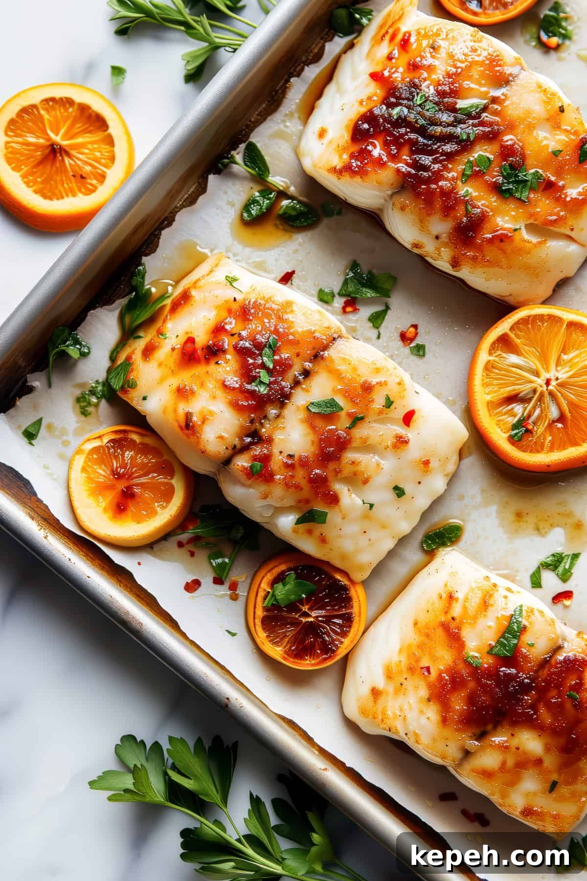 Easy sheet pan with citrus glaze.