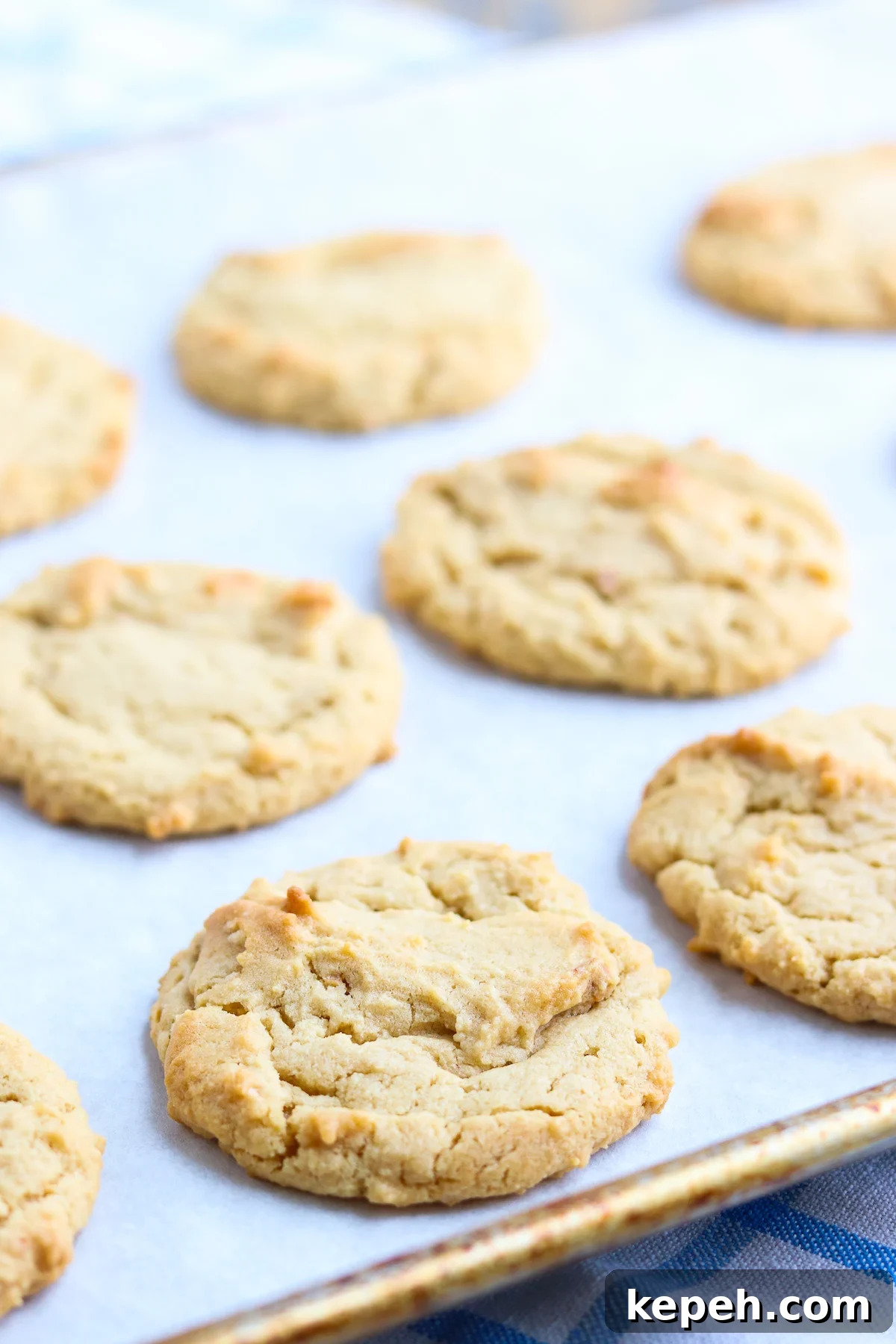 sheet pan of hot baked crunchy peanut butter cookies