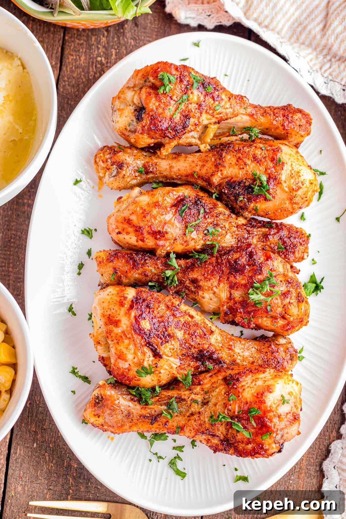 Perfectly Crispy Air Fryer Chicken Drumsticks Recipe 2 A plate of crispy air fryer drumsticks garnished with parsley.