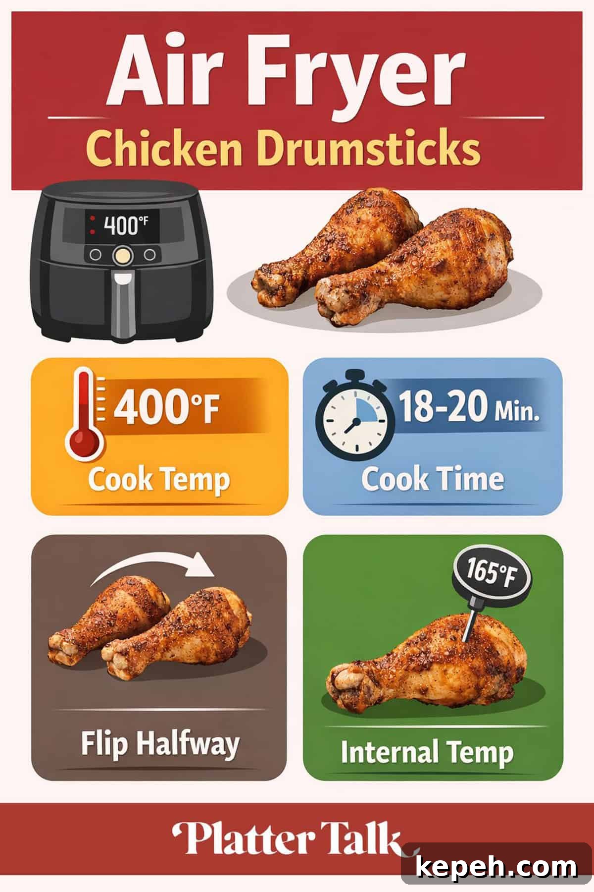 Perfectly Crispy Air Fryer Chicken Drumsticks Recipe 3 Air fryer chicken drumsticks cooking guide showing 400°F temperature, 18–20 minute cook time, flip halfway, and 165°F internal temperature.