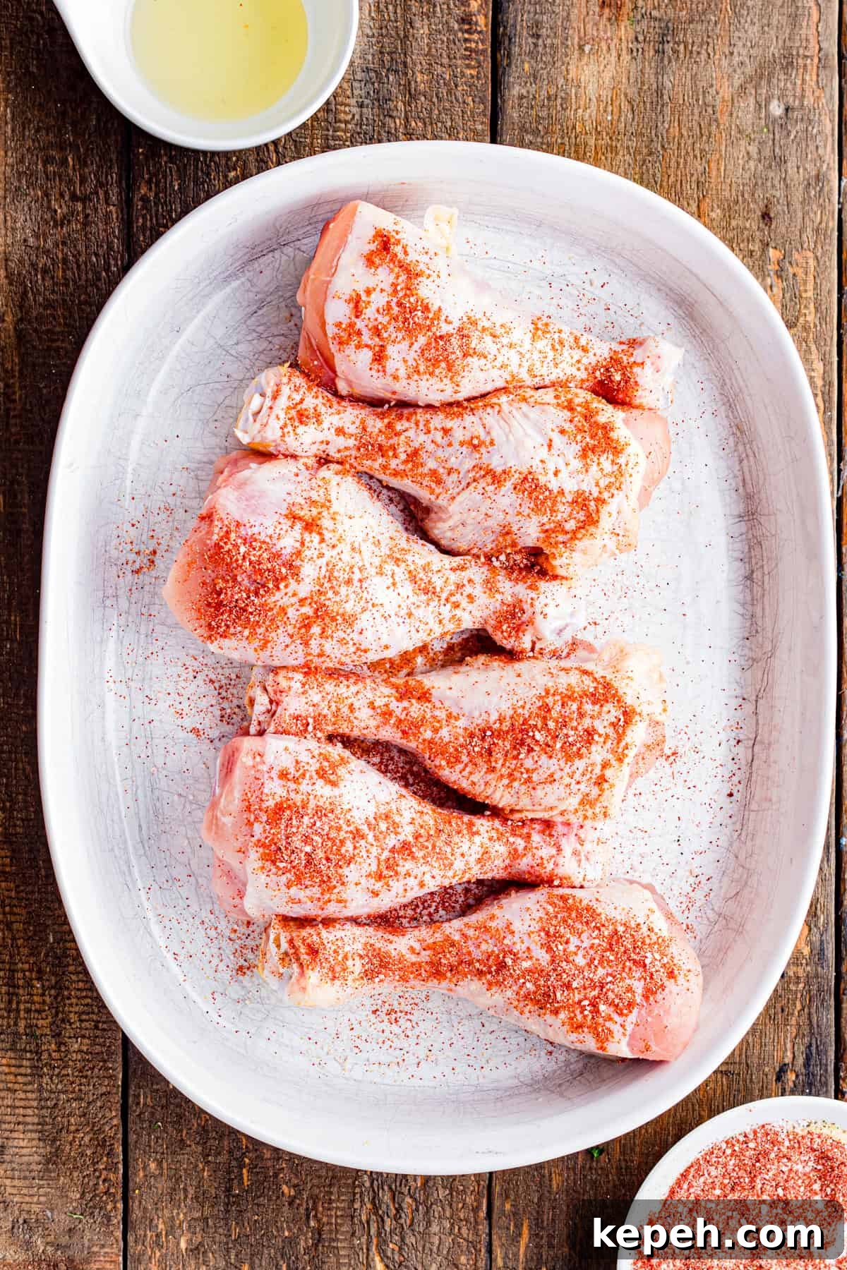 Perfectly Crispy Air Fryer Chicken Drumsticks Recipe 7 Uncooked chicken drumsticks with seasoning sprinkled on them.