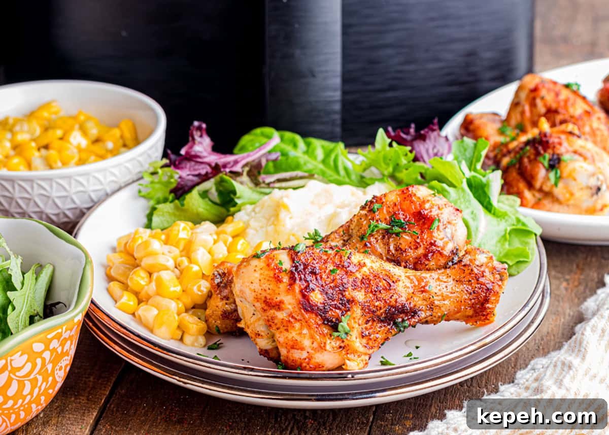 Perfectly Crispy Air Fryer Chicken Drumsticks Recipe 8 A dinner setting of air fryer drumsticks, corn, mashed potatoes, and salad.