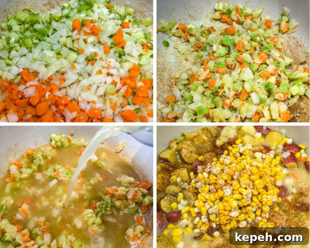 Creamy Salmon and Sweet Corn Chowder Recipe 7 collage of cooked carrots, celery, onions, potatoes, and corn in a Dutch oven
