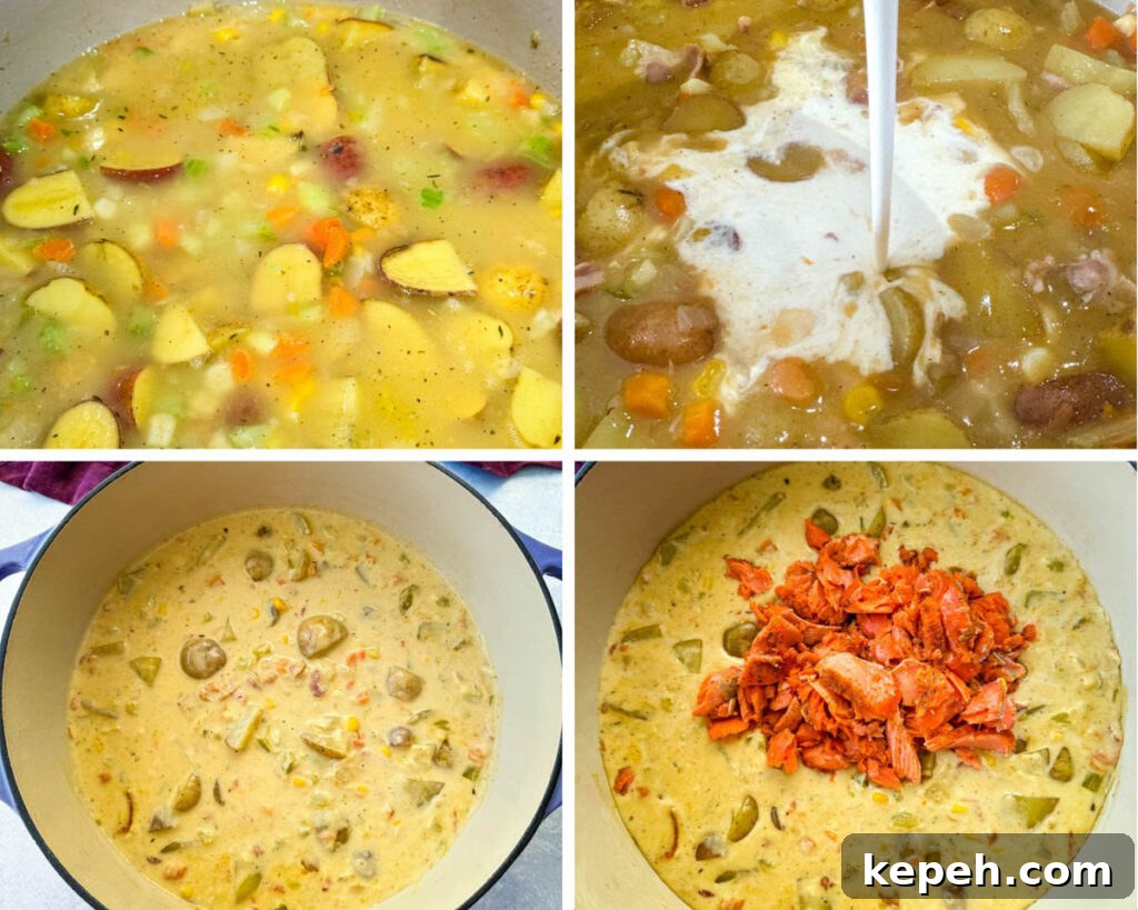 Creamy Salmon and Sweet Corn Chowder Recipe 8 collage of 4 photos cooked salmon chowder in a Dutch oven