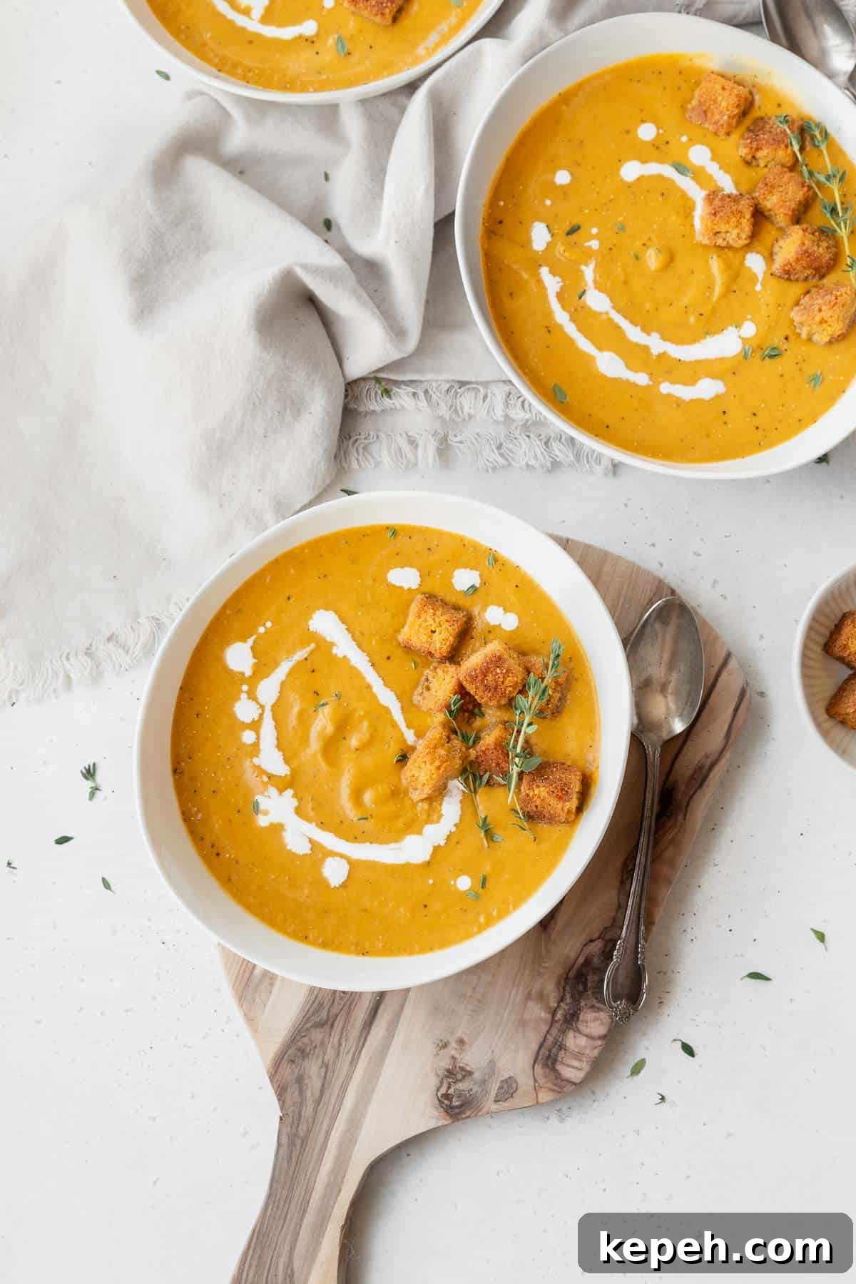 Creamy Plant-Based Pumpkin Soup Recipe for Fall Comfort 2 Overhead shot of 3 bowls of creamy vegan pumpkin soup garnished with cornbread croutons and fresh thyme.