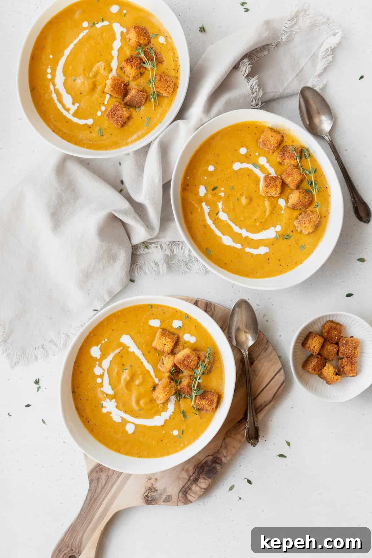 Creamy Plant-Based Pumpkin Soup Recipe for Fall Comfort 4 Overhead shot of 3 garnished bowls of vegan pumpkin bisque on a white table with a small bowl of cornbread croutons.