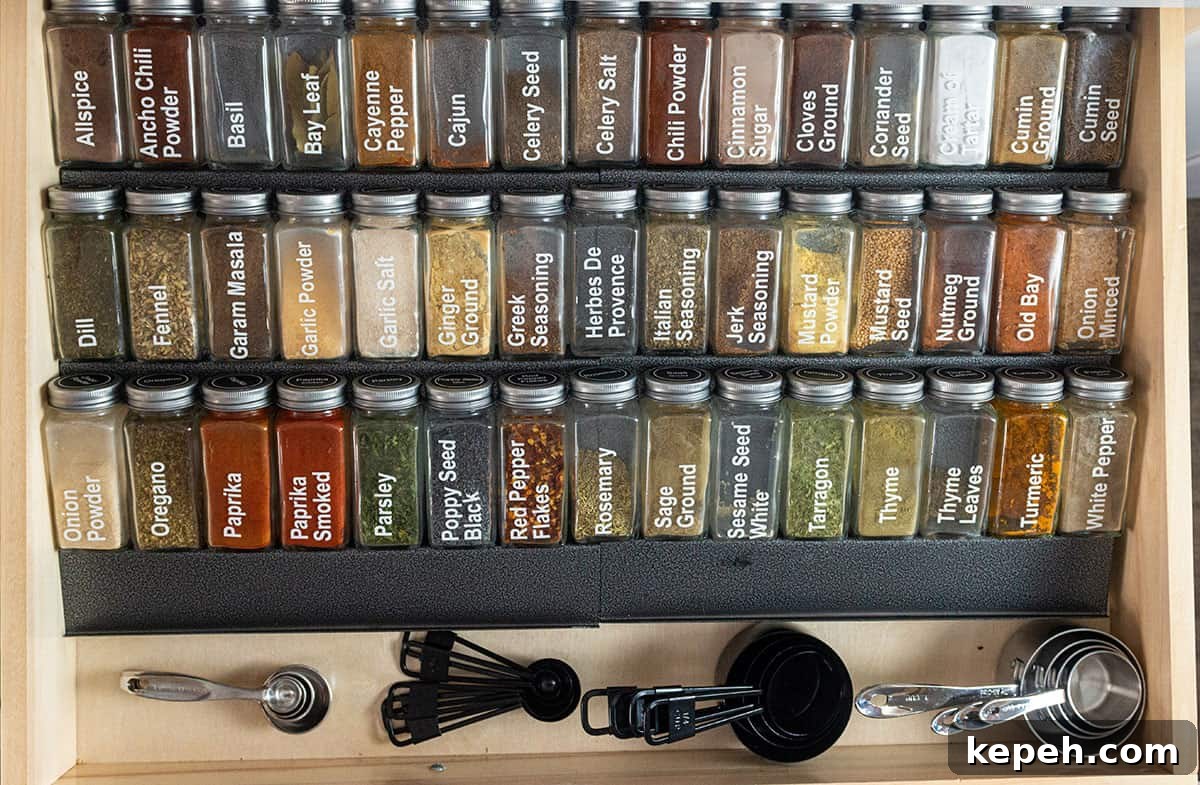 Spice Drawer Organizer: Quick Access and Neat Spice Storage 4 Large spice drawer with metal organizer, spices, measuring cups and measuring spoons.
