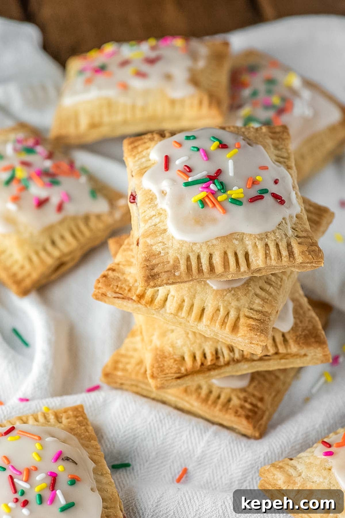 Homemade Strawberry Pop-Tarts Recipe: Flaky Pastry with Sweet Filling 2 4 stacked strawberry pop tarts on dish towel with more in background