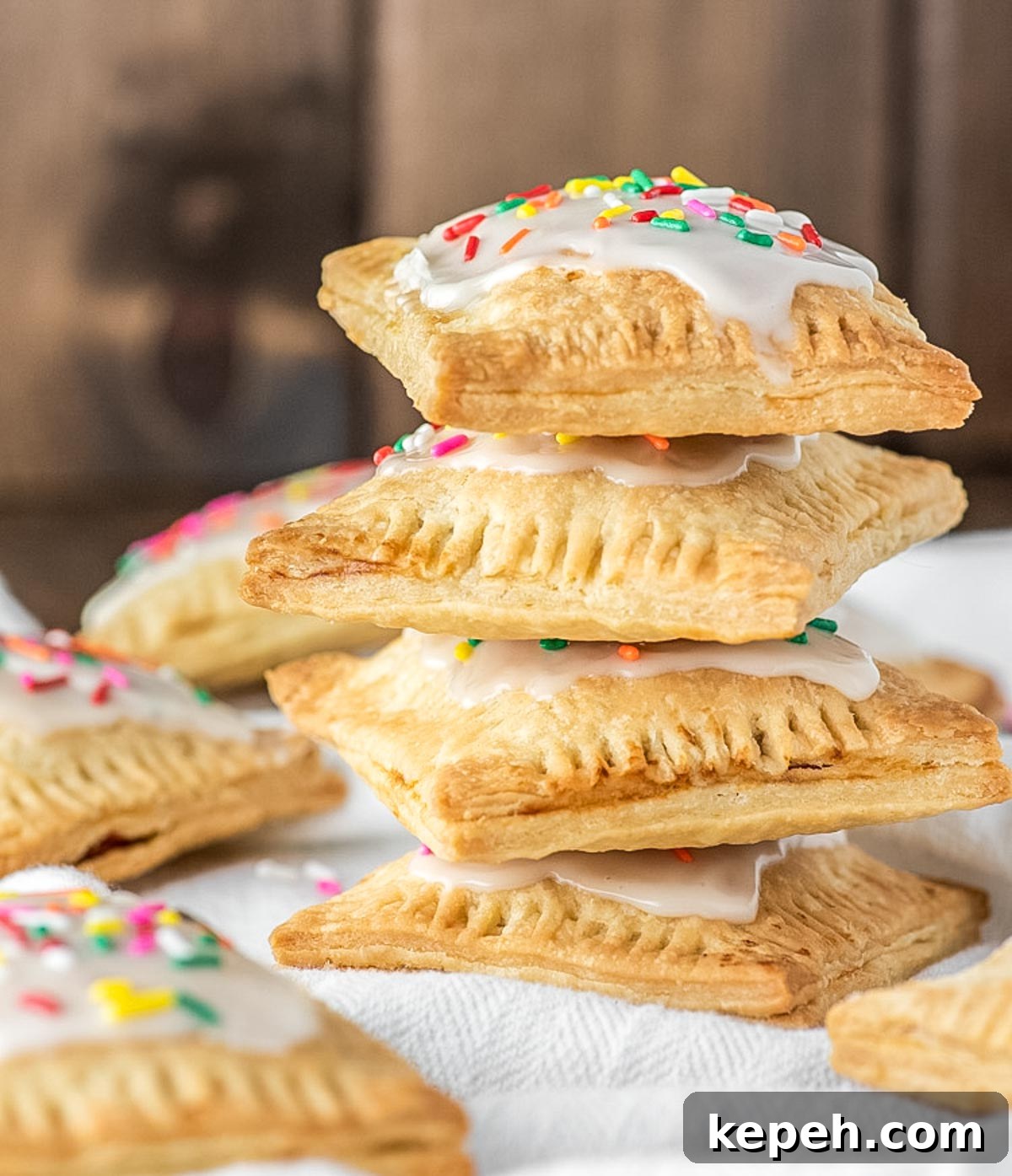 Homemade Strawberry Pop-Tarts Recipe: Flaky Pastry with Sweet Filling 6 stacked strawberry pop tarts on white dish towel