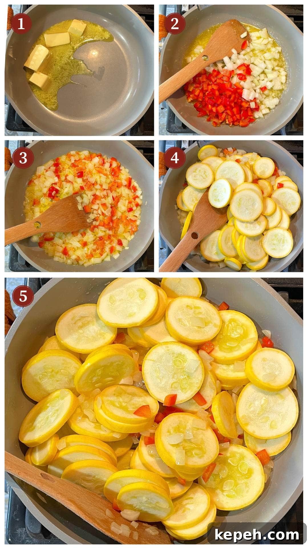 A collage of images showing how to make buttery yellow squash with onions, steps 1-5.