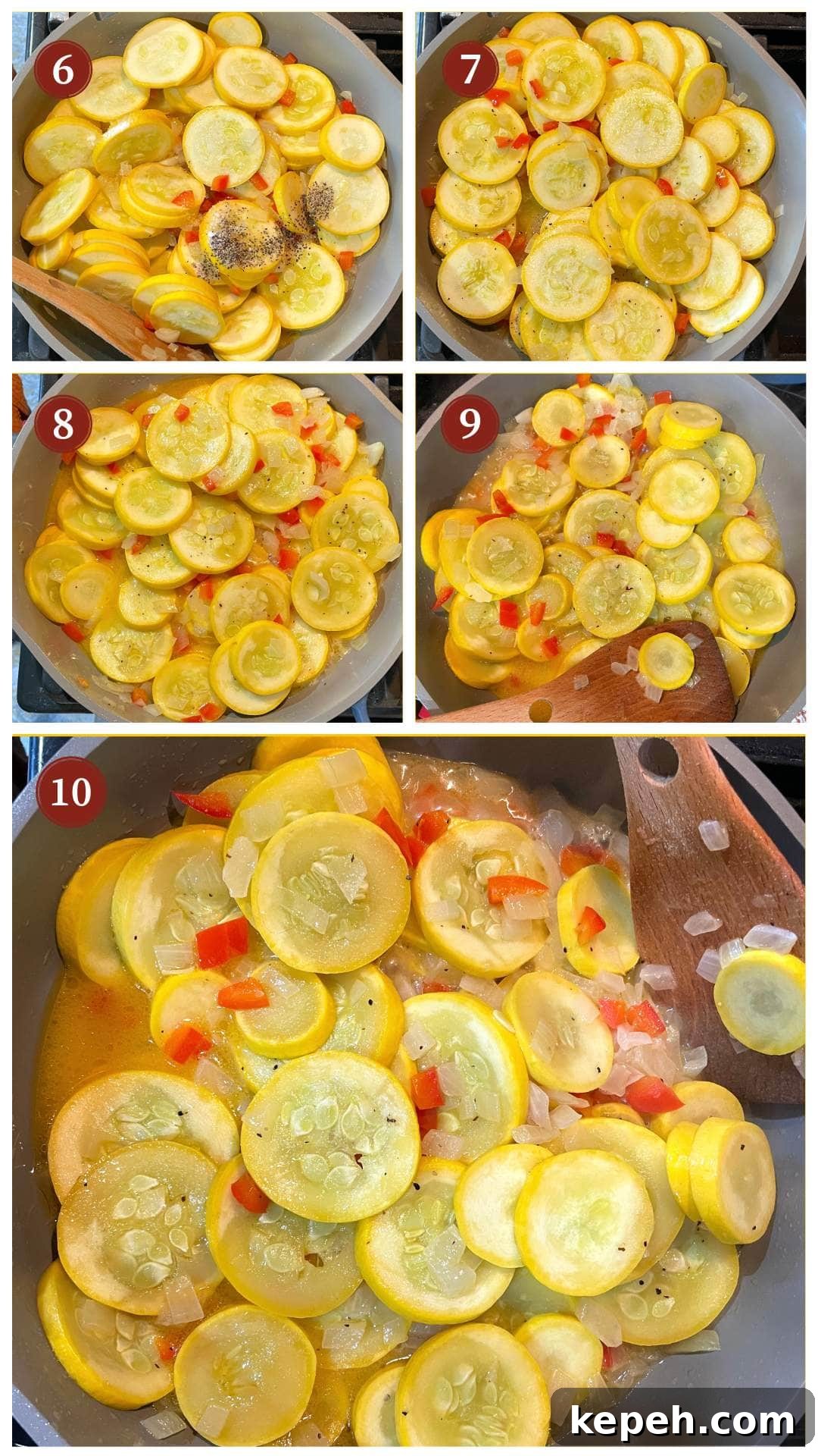 A collage of images showing how to make buttery yellow squash with red bell peppers and onions, steps 6-10.