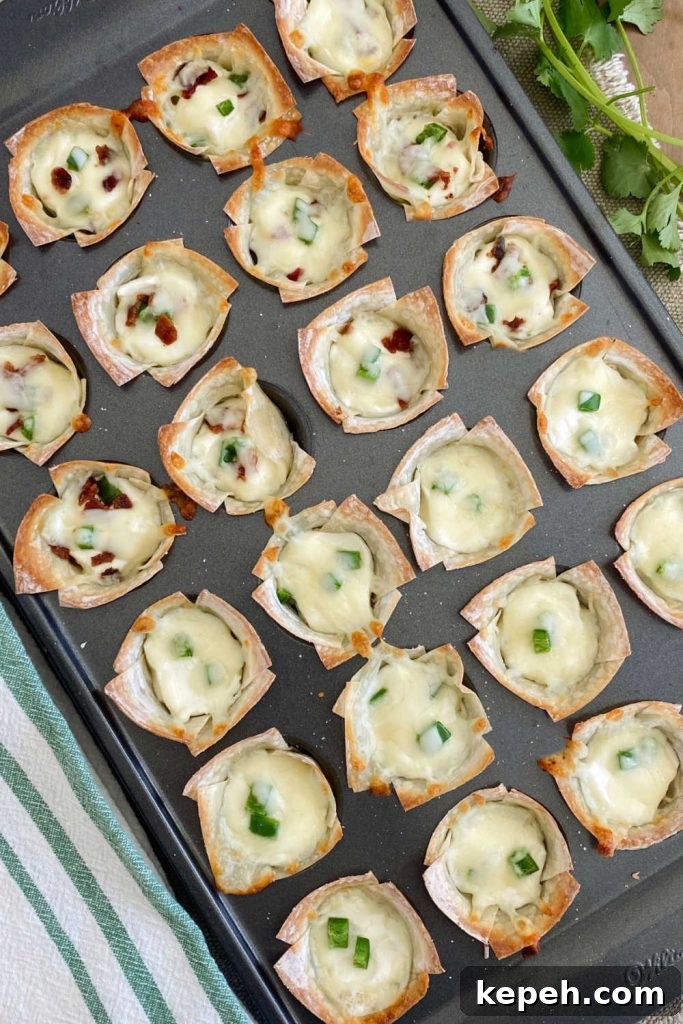 Bacon Jalapeño Popper Wonton Cups — Crispy Bite-Sized Appetizers 6 jalapeno popper wontons in mini muffin tin