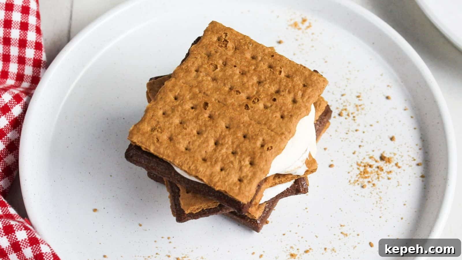 A s'more with marshmallow and chocolate sandwiched between graham crackers on a white plate.