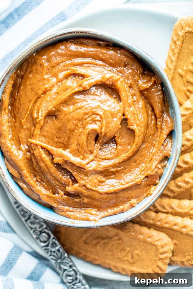 5-Minute Cookie Butter Recipe: Quick Homemade Spread 7 Overhead shot of cookie butter in a bowl with cookies on the side.