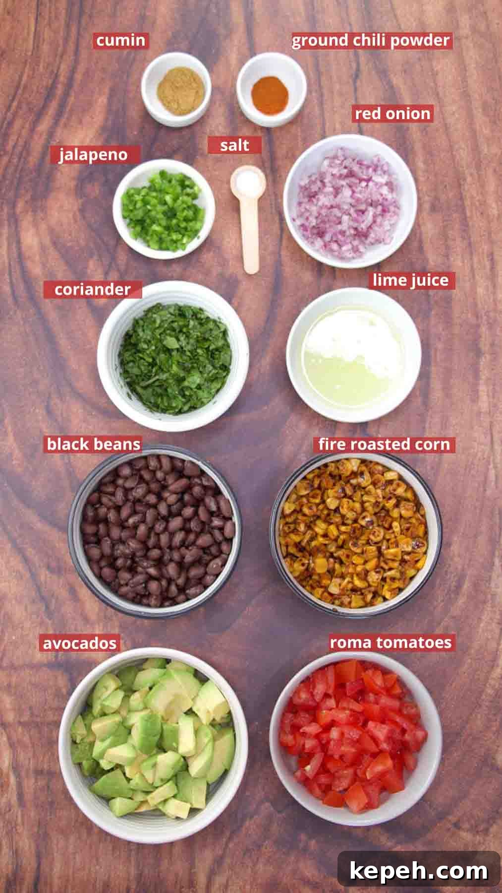 Fresh Avocado Salsa with Corn & Black Beans — Zesty Summer Dip 3 Ingredients for fresh avocado salsa including avocado, fire-roasted corn, black beans, tomatoes, jalapeño, and lime. Hostess At Heart