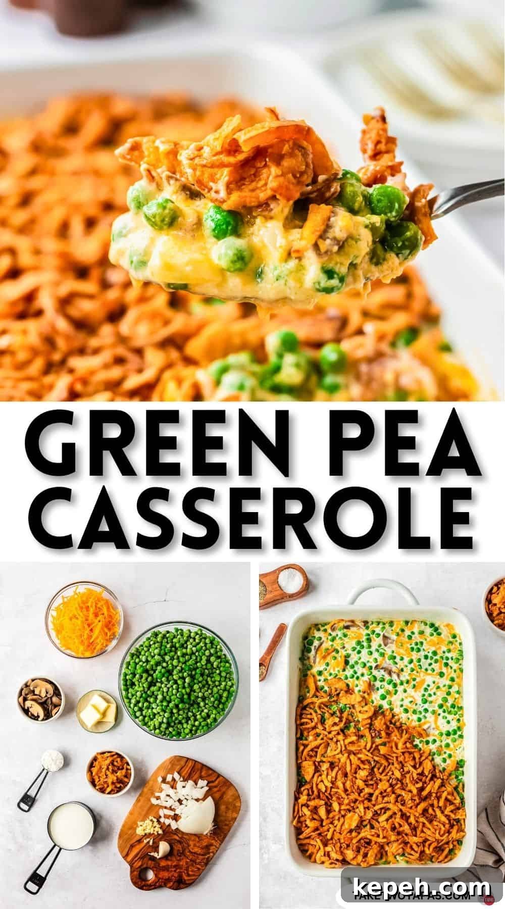 Classic Green Pea Casserole Recipe for Family Dinners 13 Pinterest pin image for green pea casserole recipe