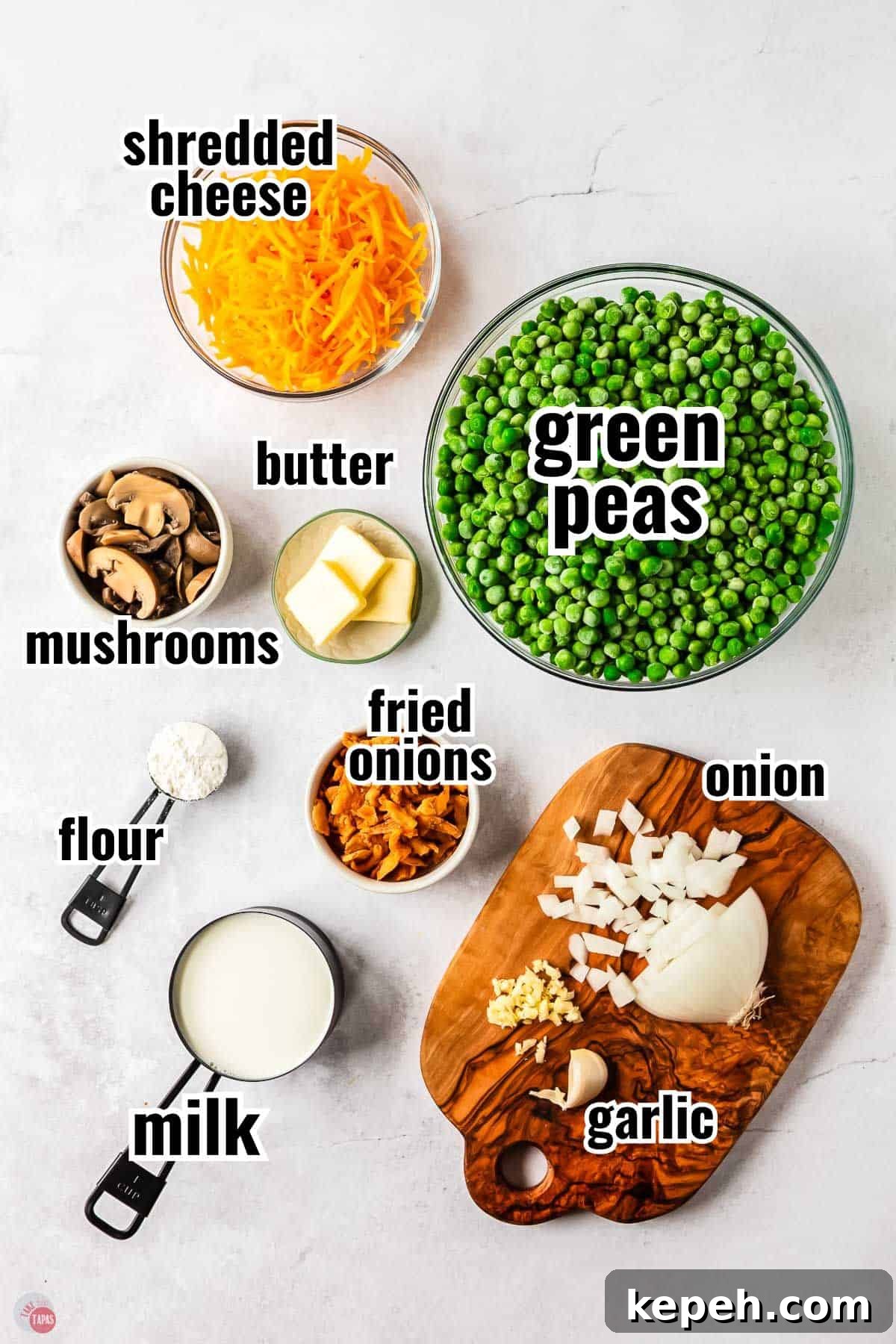 Classic Green Pea Casserole Recipe for Family Dinners 3 ingredients for a casserole in individual bowls with text overlay labeling them