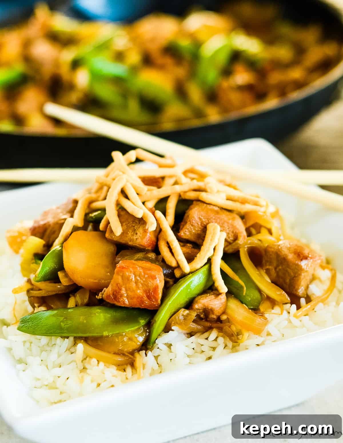 Classic Pork Chop Suey Recipe for Authentic Chinese Takeout Taste 2 plate of pork chop suey with rice and chopsticks