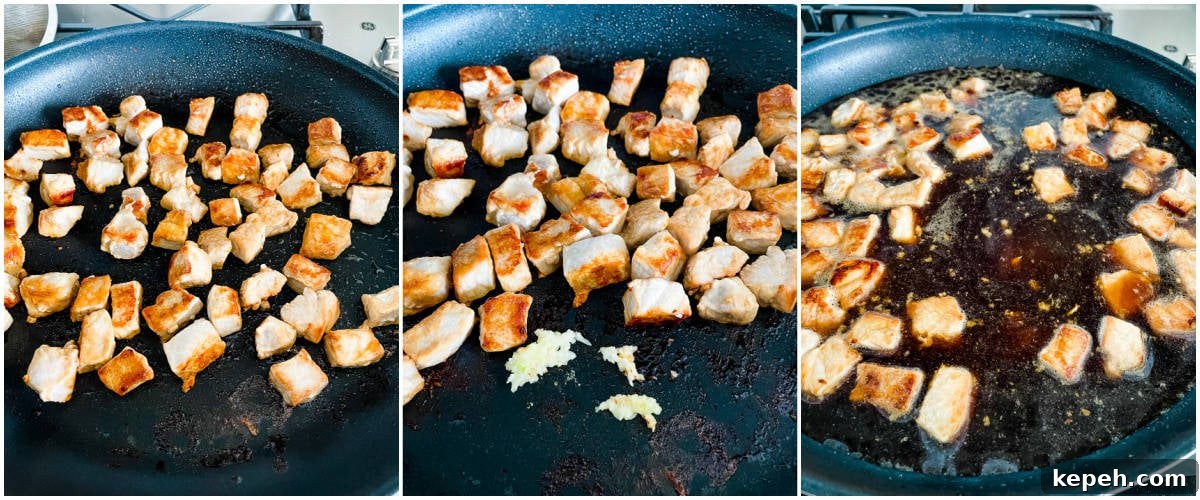 Classic Pork Chop Suey Recipe for Authentic Chinese Takeout Taste 3 pork cubes cooking in a skillet
