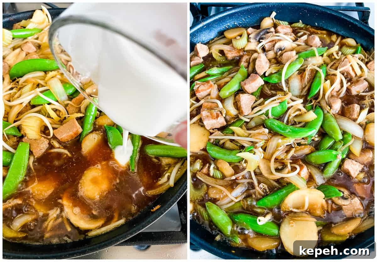 Classic Pork Chop Suey Recipe for Authentic Chinese Takeout Taste 5 thickening sauce with cornstarch slurry