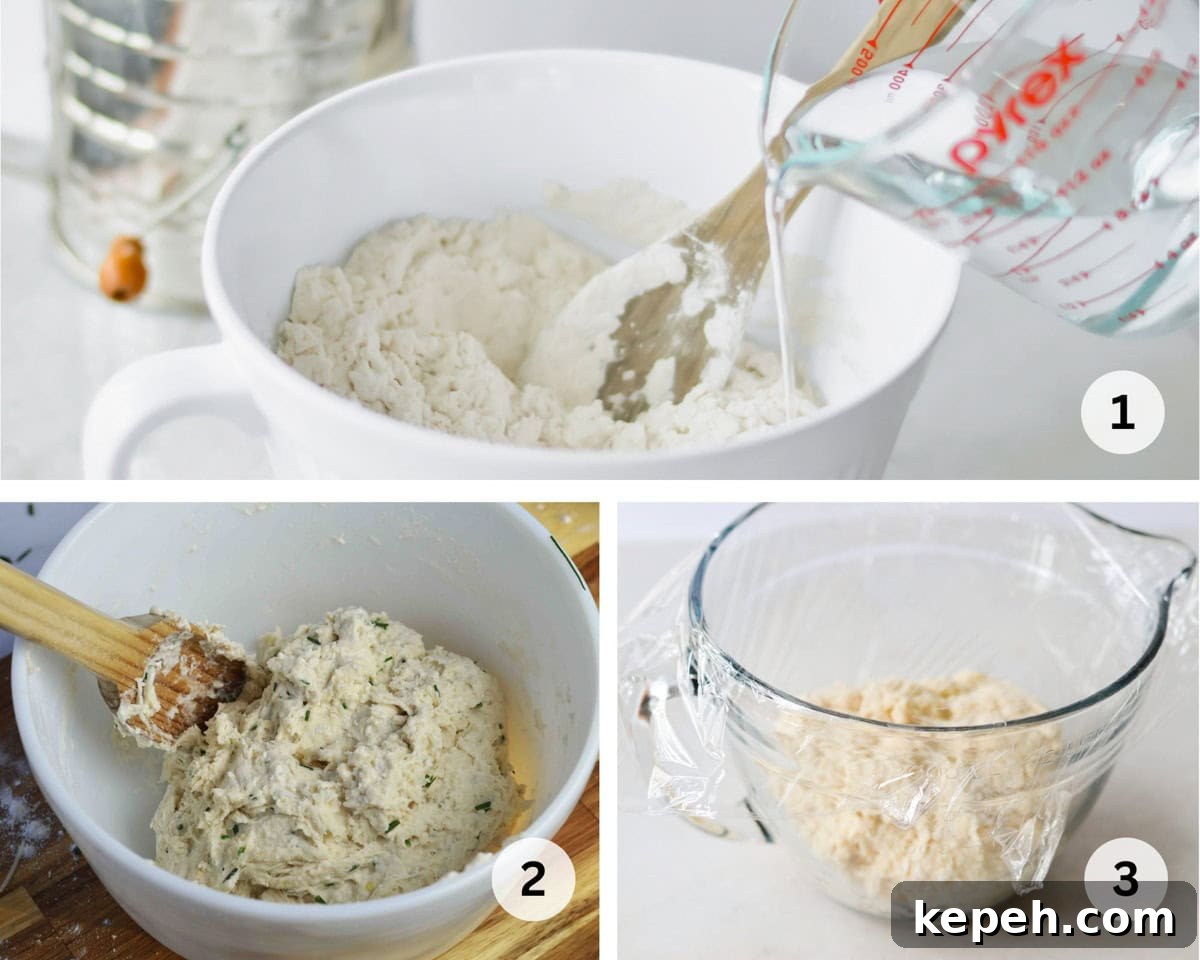 Savory Herb and Cheese Loaf Recipe for Homemade Bread 4 mixing bread dough in bowl.