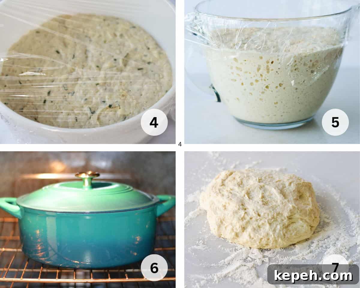 Savory Herb and Cheese Loaf Recipe for Homemade Bread 5 bread dough rising and dutch oven preheating in oven.