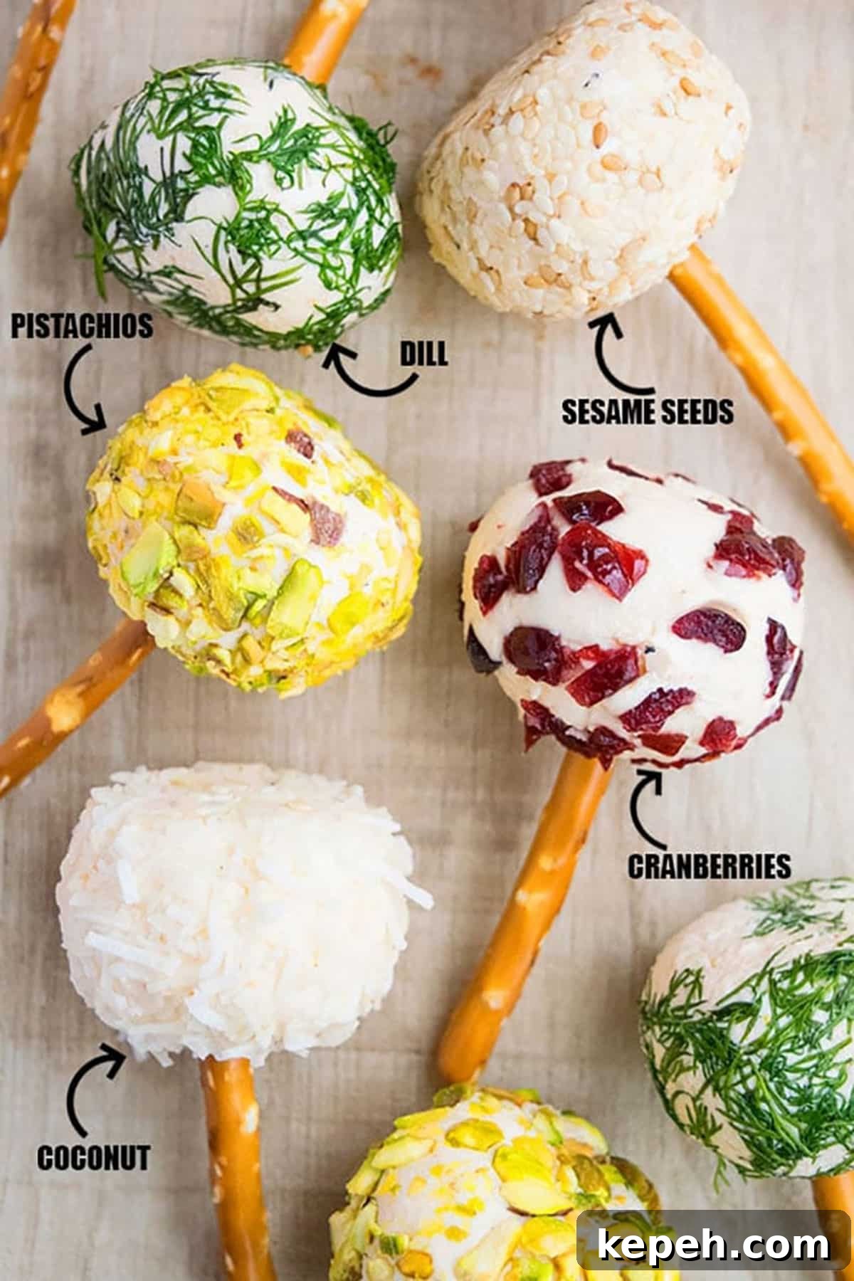 Labeled image of savory appetizer bites with various toppings.