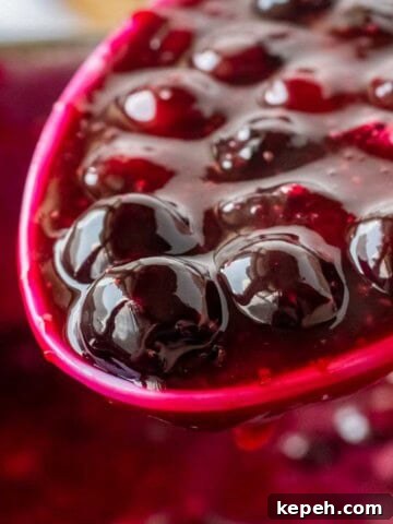 Cooked blueberry pie filling on spoon.