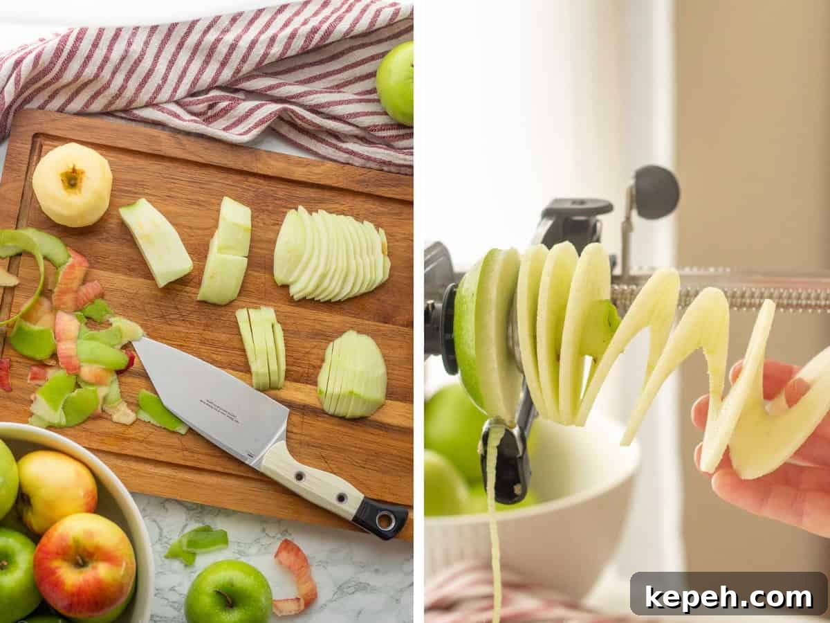 Homemade Apple Pie Filling Recipe for Perfect Rustic Pies 4 Peeling and slicing apples by hand and with a machine.