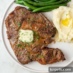 Perfect Ribeye Steak in the Air Fryer: Juicy, Quick Method 12 air fryer ribeye steak with green beans and mashed potatoes.