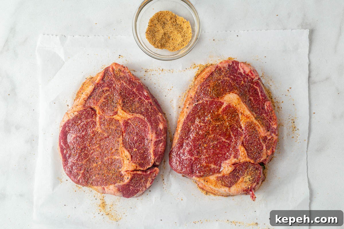 Perfect Ribeye Steak in the Air Fryer: Juicy, Quick Method 6 steak coated with spices.